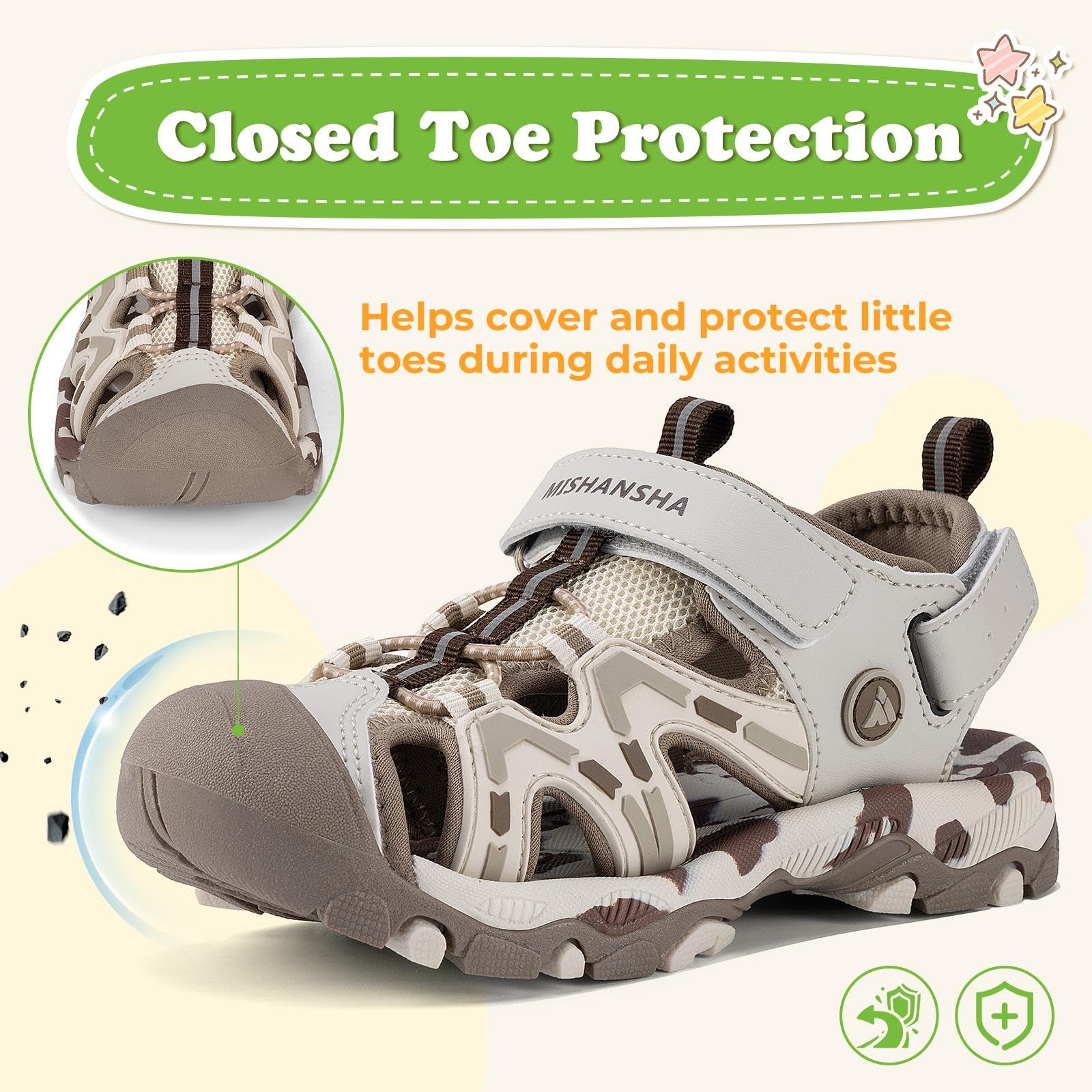 Mishansha Girls Boys Hiking Athletic Sandals Kids Closed Toe Adjustable Straps Water Sandals for Outdoor Summer Grey 2.5 Big Kid