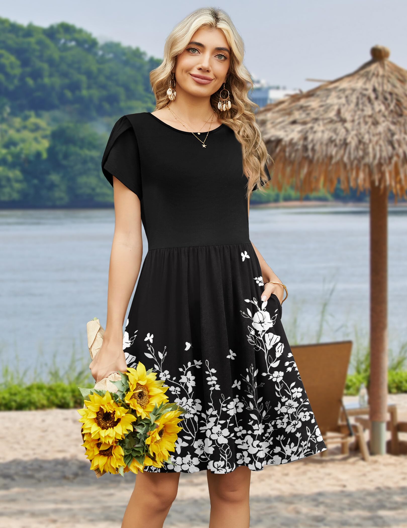 Zeagoo Flowy Summer Dresses for Women Short Sleeve Casual Floral Print 2026 A-Line Beach Mini Dress with Pockets Hawaiian Tropical Vacation