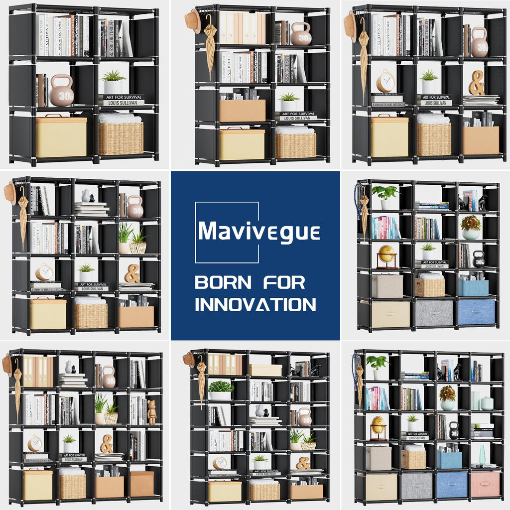 Mavivegue Bookcase, 18-Cube Extra Large Book Shelf, DIY Cube Storage Organizer for Bedroom, Living Room, Home Office - Black
