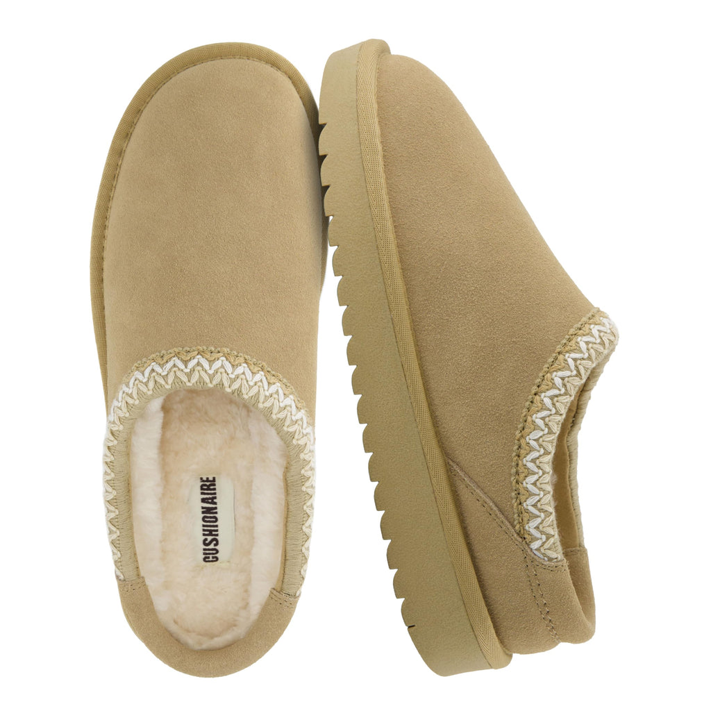 CUSHIONAIRE Keto Womens Slippers- Genuine Suede Cozy & Stylish, Memory Foam & Faux Shearling Winter Slippers for Women BISCUIT 7.5