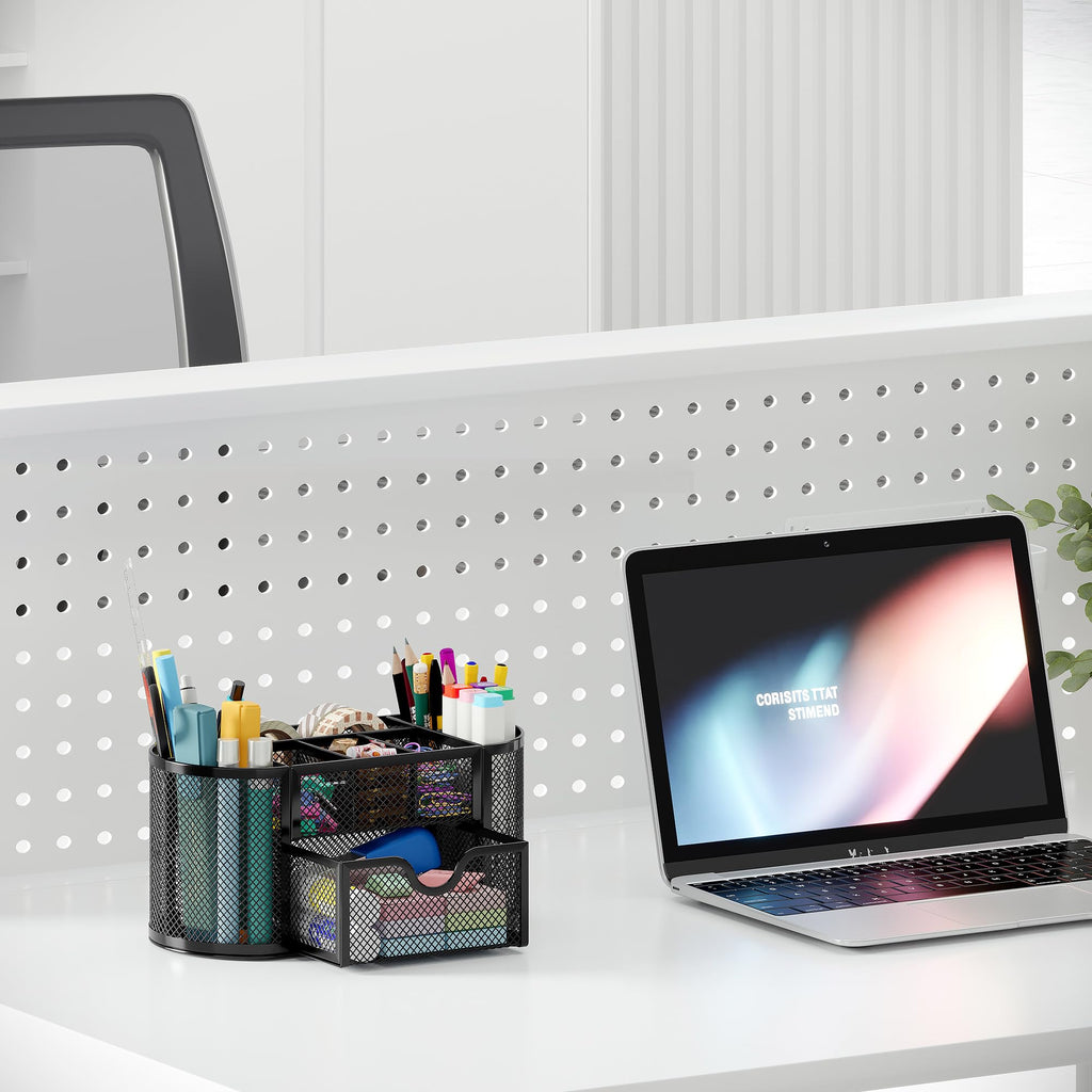 EasyPAG Mesh Pen Holder Desk Organizer with Drawer Stationery Supplies Organizer for Dorm School 9 Compartments Workspace Desk Accessories Organization for Office, Black