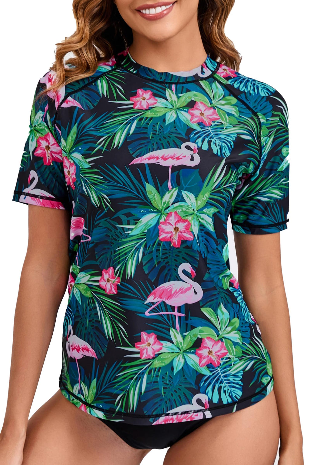 Halcurt Women's Short Sleeve Swim Shirt Rash Guard Swimsuit Top Only UPF50+ Sun Protection Bathing Suit Green Leaves Pink Floral Flamingo M