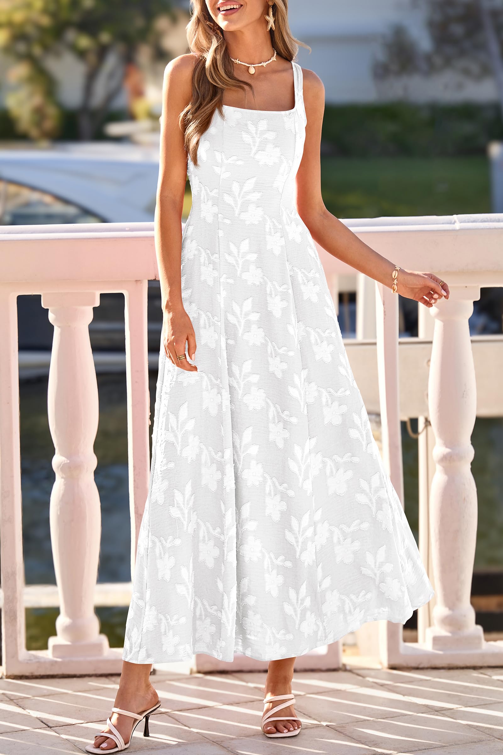 PRETTYGARDEN Womens Summer Maxi Dresses 2026 Casual Sleeveless Square Neck Formal Wedding Guest Beach Vacation Boho Dress (White,L)