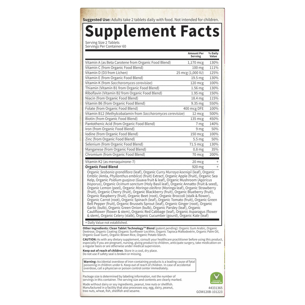 Garden of Life Organics Multivitamin for Women, Womens Multi with Vitamin C, D, Folate, B6, B12, Biotin, Iron, Vegan Whole Food Vitamins for Women, Energy, Skin, Nails, 120 Tablets