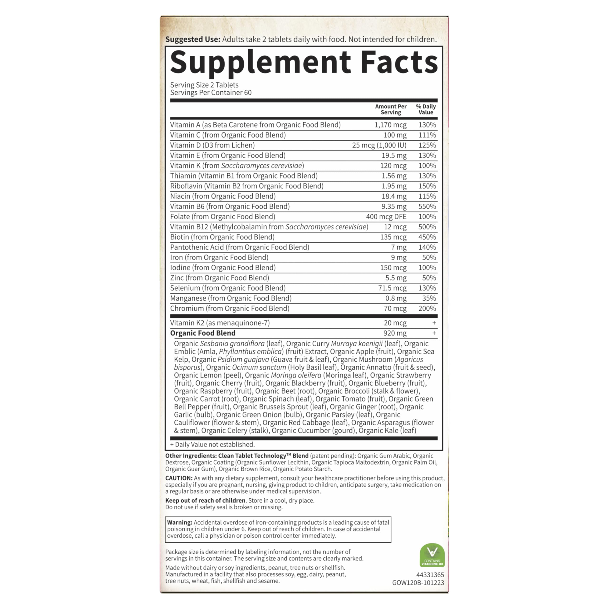 Garden of Life Organics Multivitamin for Women, Womens Multi with Vitamin C, D, Folate, B6, B12, Biotin, Iron, Vegan Whole Food Vitamins for Women, Energy, Skin, Nails, 120 Tablets