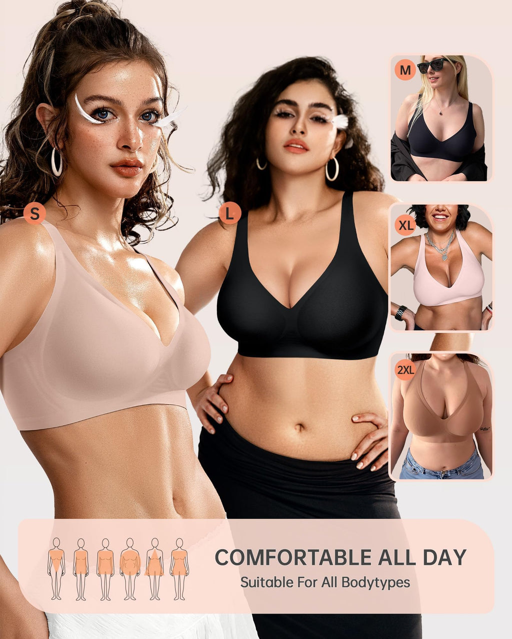 OEAK Womens Deep V Bras Wireless Comfortable Bra Supportive No Underwire Bras Tshirt Push Up Bralettes Plunge Seamless Bra Nude M