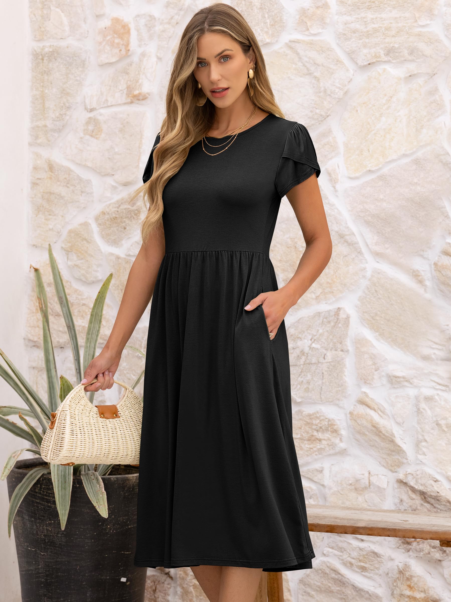 ANRABESS Women's Summer Short Sleeve A-Line Midi Dresses Casual Floral T-Shirt Dresses Flowy Beach Sundress with Pockets Black X-Large