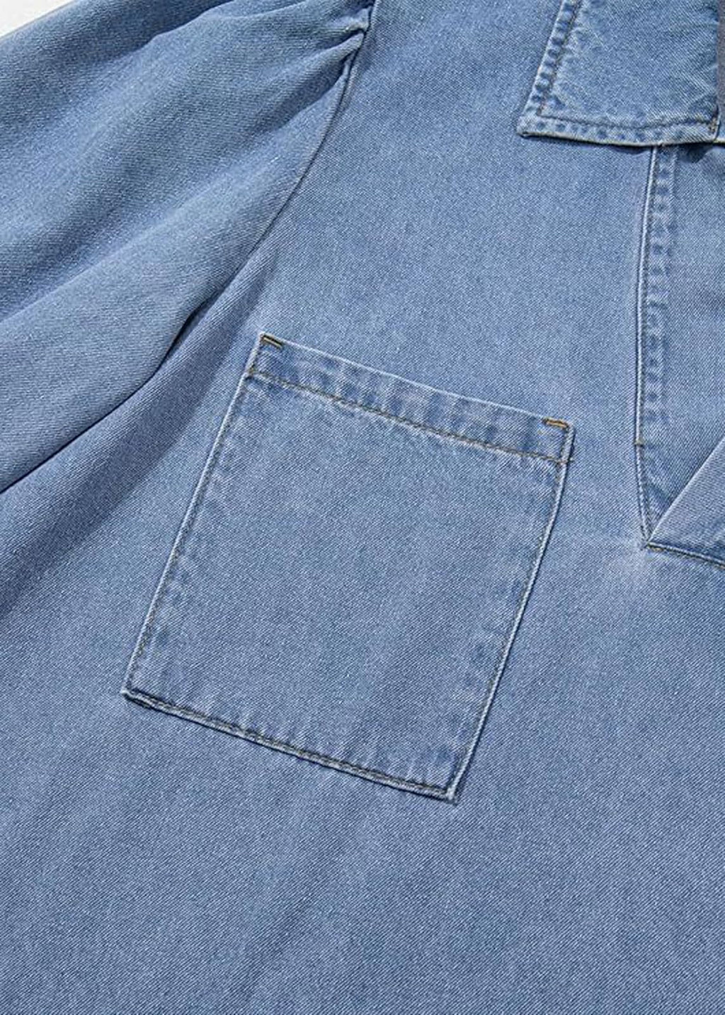 CHARTOU Women 3/4 Sleeve Ruffle Denim Dress Summer Collared V Neck Loose Shirt Jean Dress with Pockets (Large, Light Blue)