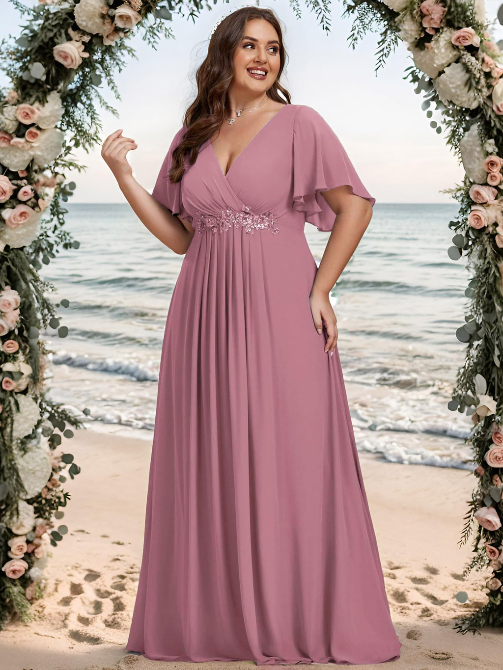 Ever-Pretty Women's Summer Plus Size Formal Dresses V Neck Applique Evening Gowns Mother of The Bride Dress for Curvy Women Orchid US16
