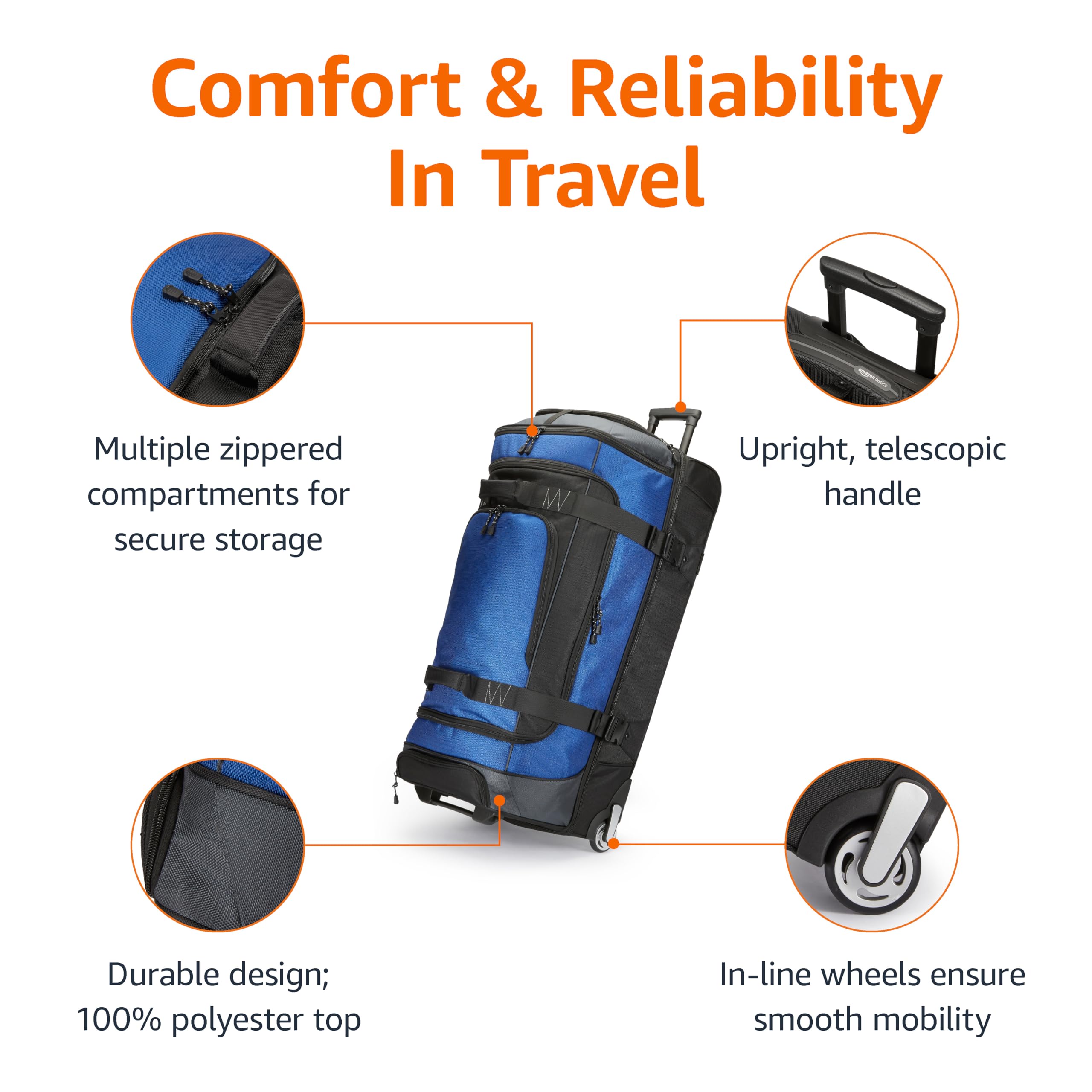 Amazon Basics 35-Inch Large Rolling Duffel Bag for Travel with Wheels and Handle, Durable Ripstop Polyester, 2 Layers of Space, Multiple Interior and Exterior Pockets, Blue
