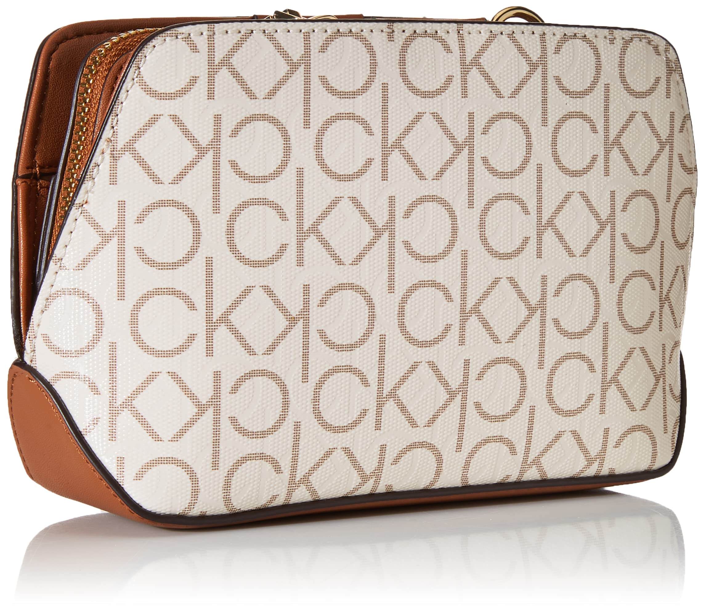 Calvin Klein Women's Lucy Triple Compartment Crossbody, Vanilla/Khaki/Caramel Embossed, One Size