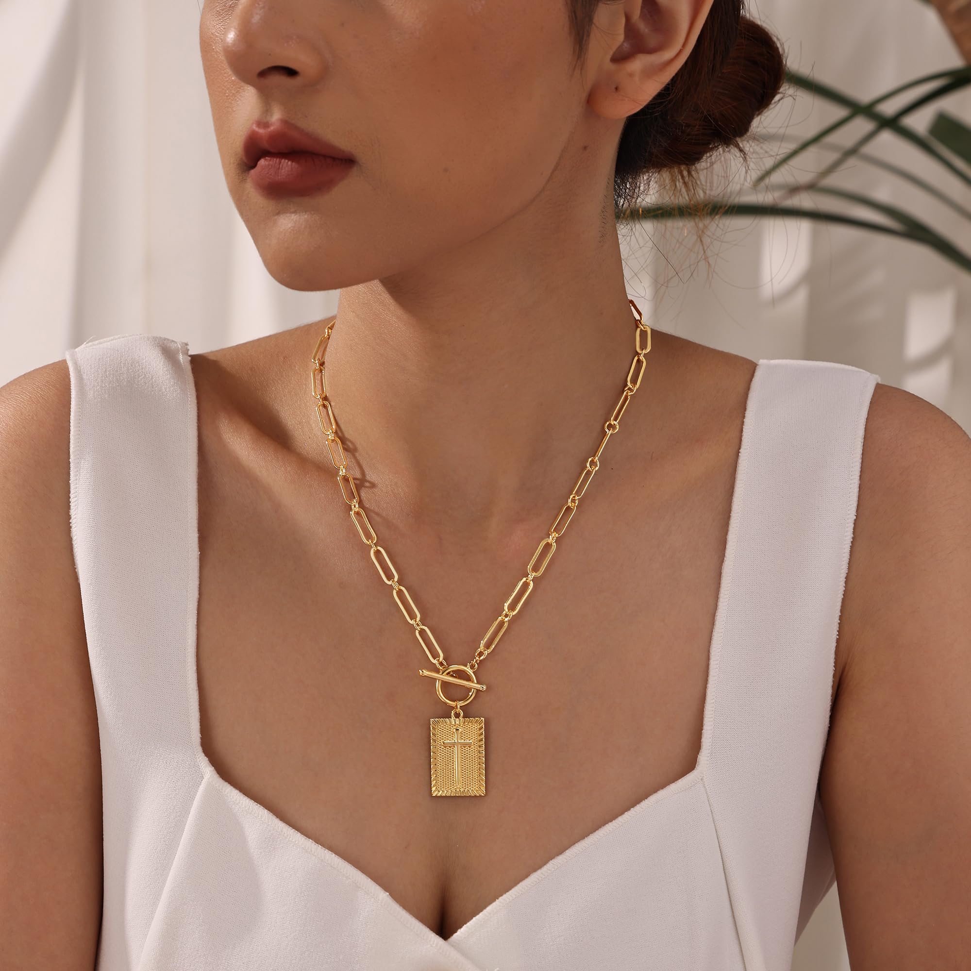 Tewiky 14K Gold Plated Cross Necklace for Women Trendy Chunky Cross Pendant Necklace Toggle Clasp Paperclip Chain Charm Necklaces for Women Jewelry Gift Christian Religious Baptism
