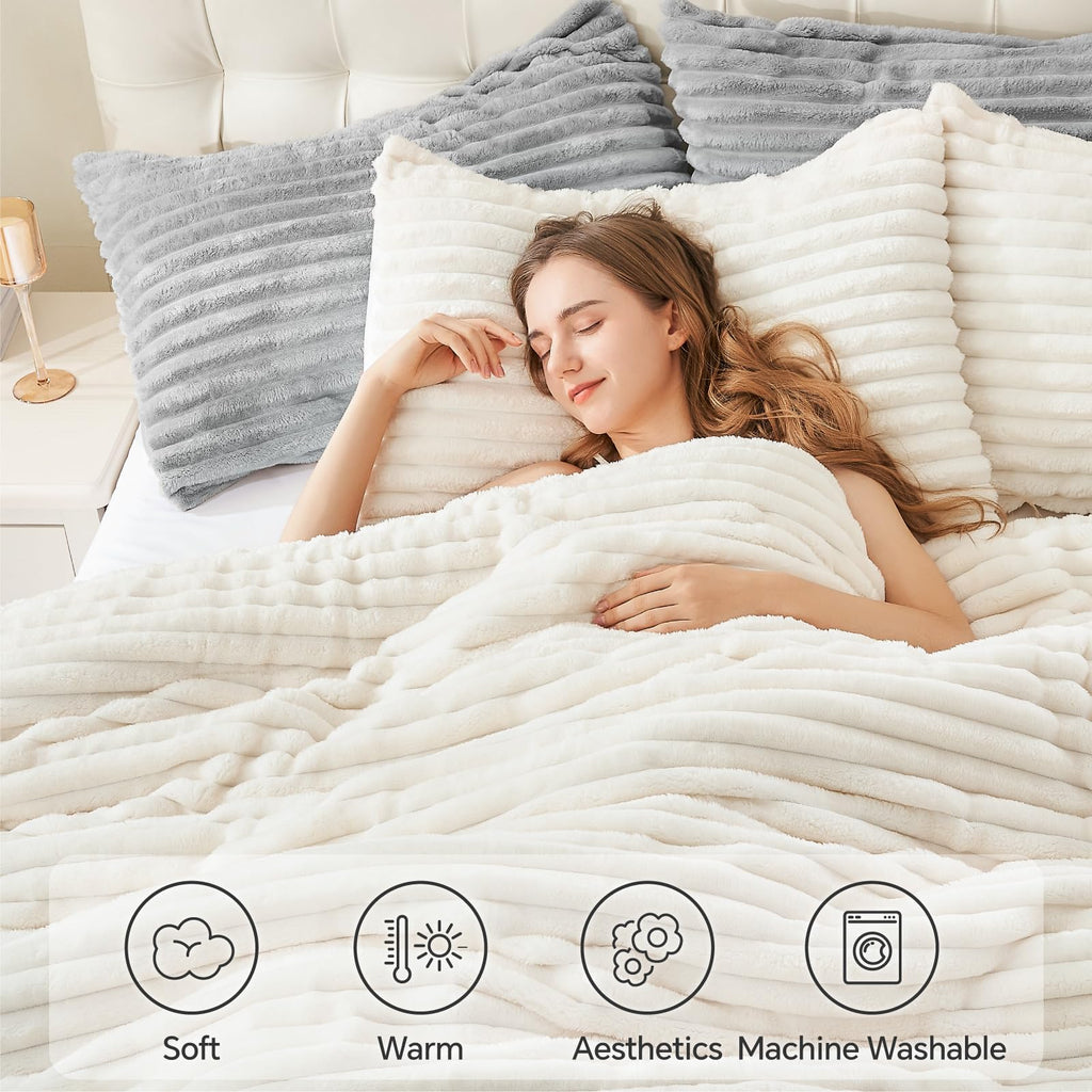BEDELITE Fleece King Comforter Set -Super Soft & Warm Fluffy Cream White Bedding, Luxury Fuzzy Heavy Bed Set for Winter with 2 Pillow Cases