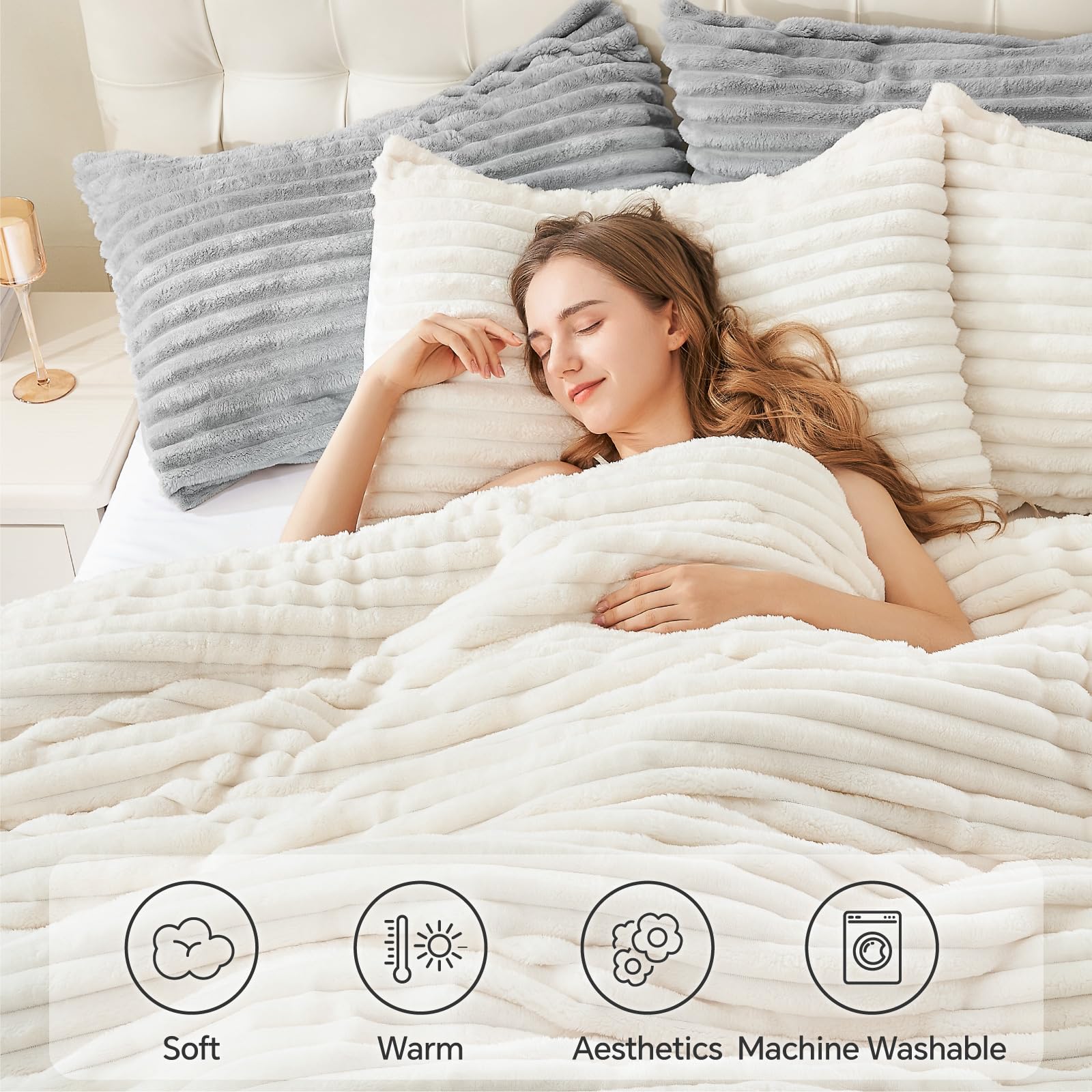 BEDELITE Fleece King Comforter Set -Super Soft & Warm Fluffy Cream White Bedding, Luxury Fuzzy Heavy Bed Set for Winter with 2 Pillow Cases