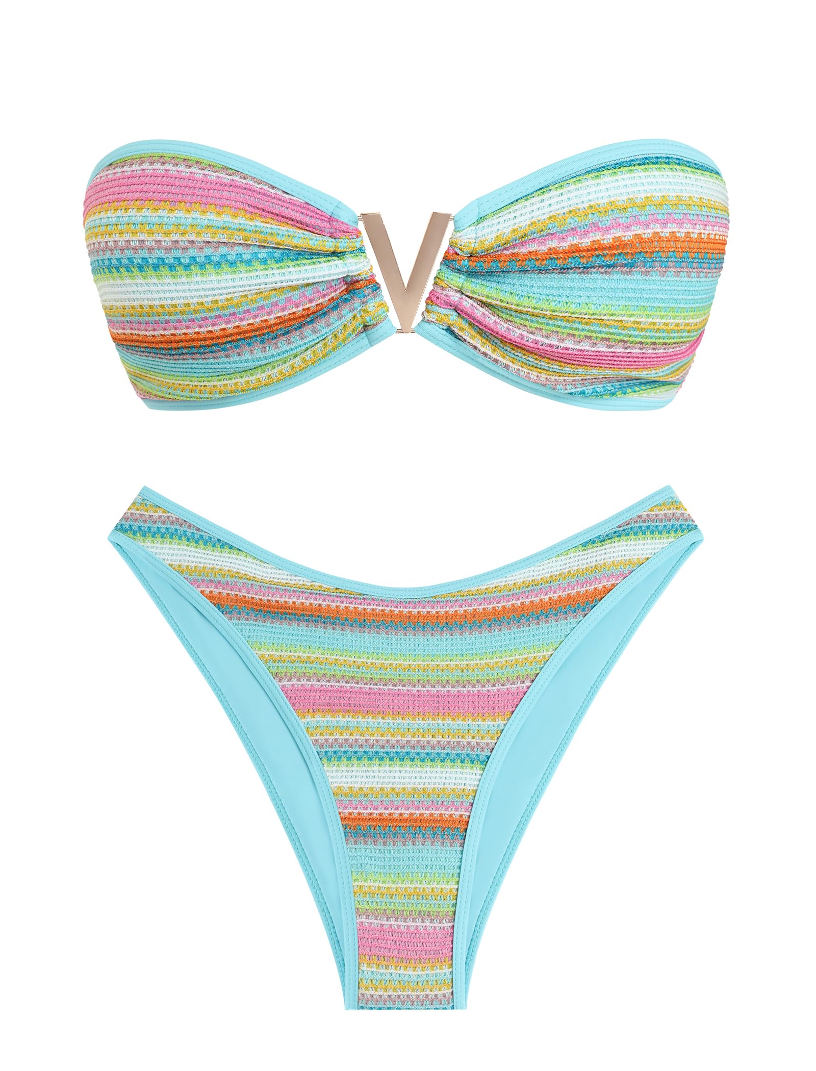 ZAFUL Women's Bandeau Bikini V Strapless Confetti Colorblock Tie Back High Cut Two Piece Swimsuit Bathing Suits (1-Light Blue, M)