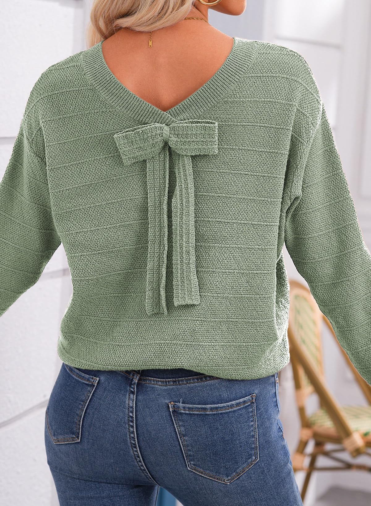 EVALESS Fall Sweaters for Women Long Sleeve Fashion Outfits 2025 Back Bow Knot Sweaters Round Neck Solid Trendy Cute Clothing Knit Pullover Sweater Tops Green Medium