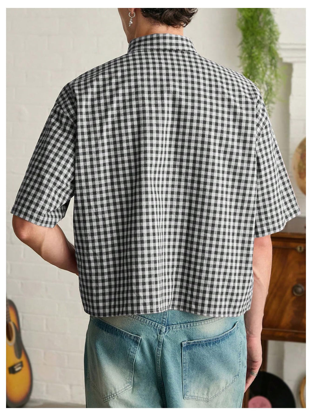 SHENHE Men's Plaid Button Down Short Sleeve Shirt Loose Fit Casual Shirt with Chest Pocket Black Large