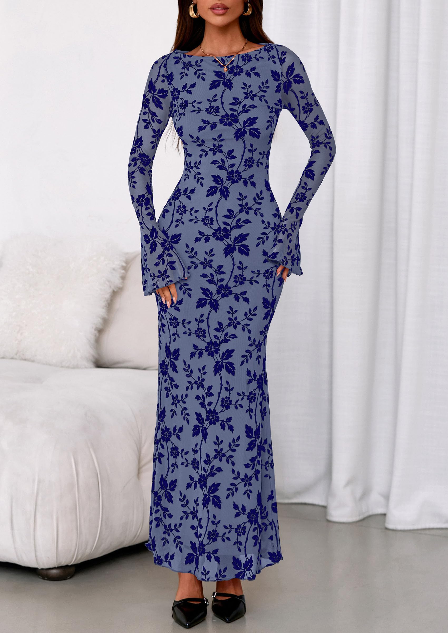 PRETTYGARDEN Women's Floral Bodycon Maxi Dress 2026 Spring Elegant Mesh Long Sleeve Formal Wedding Guest Cocktail Dresses (Dusty Blue,XX-Large)