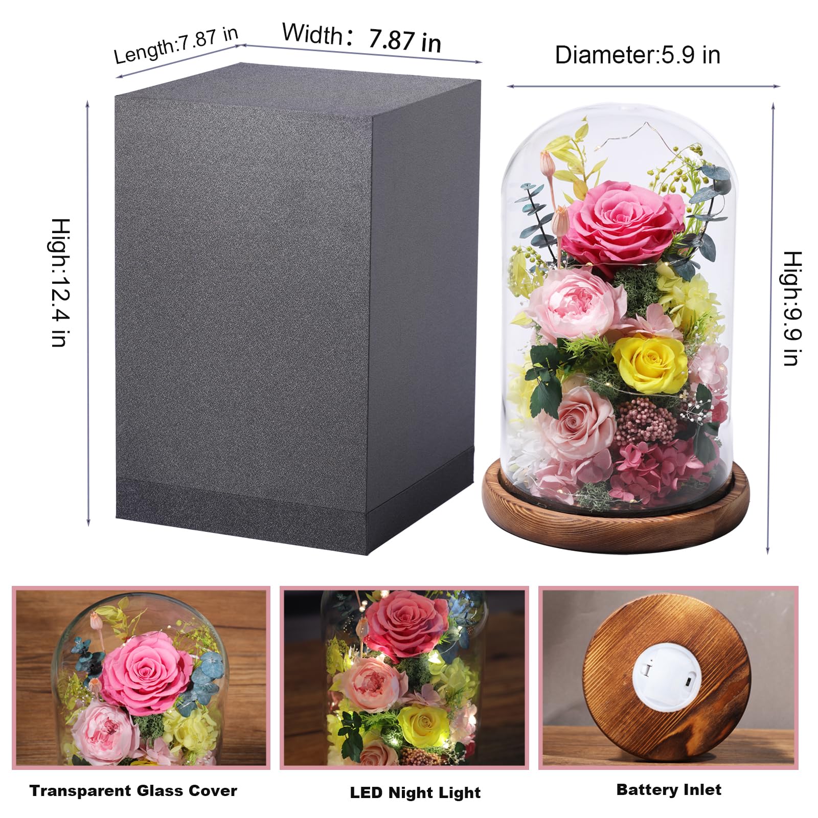 lovenfold Flowers for Delivery Preserved Flowers Rose in Glass Dome,Pink Rose Forever Flowers Birthday Gifts for Women Mom Grandma Friend for Her,Home Decor
