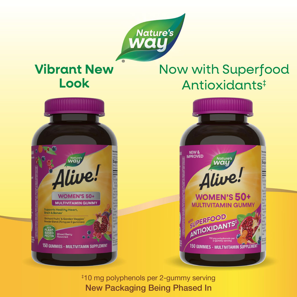 Nature’s Way Alive! Women’s 50 Plus Multivitamin Gummy, Daily Chewable Multivitamins with B-Vitamins, Vitamin D3, Calcium, Supports Heart, Brain & Bone Health,* Mixed Berry Flavored, 150 Count
