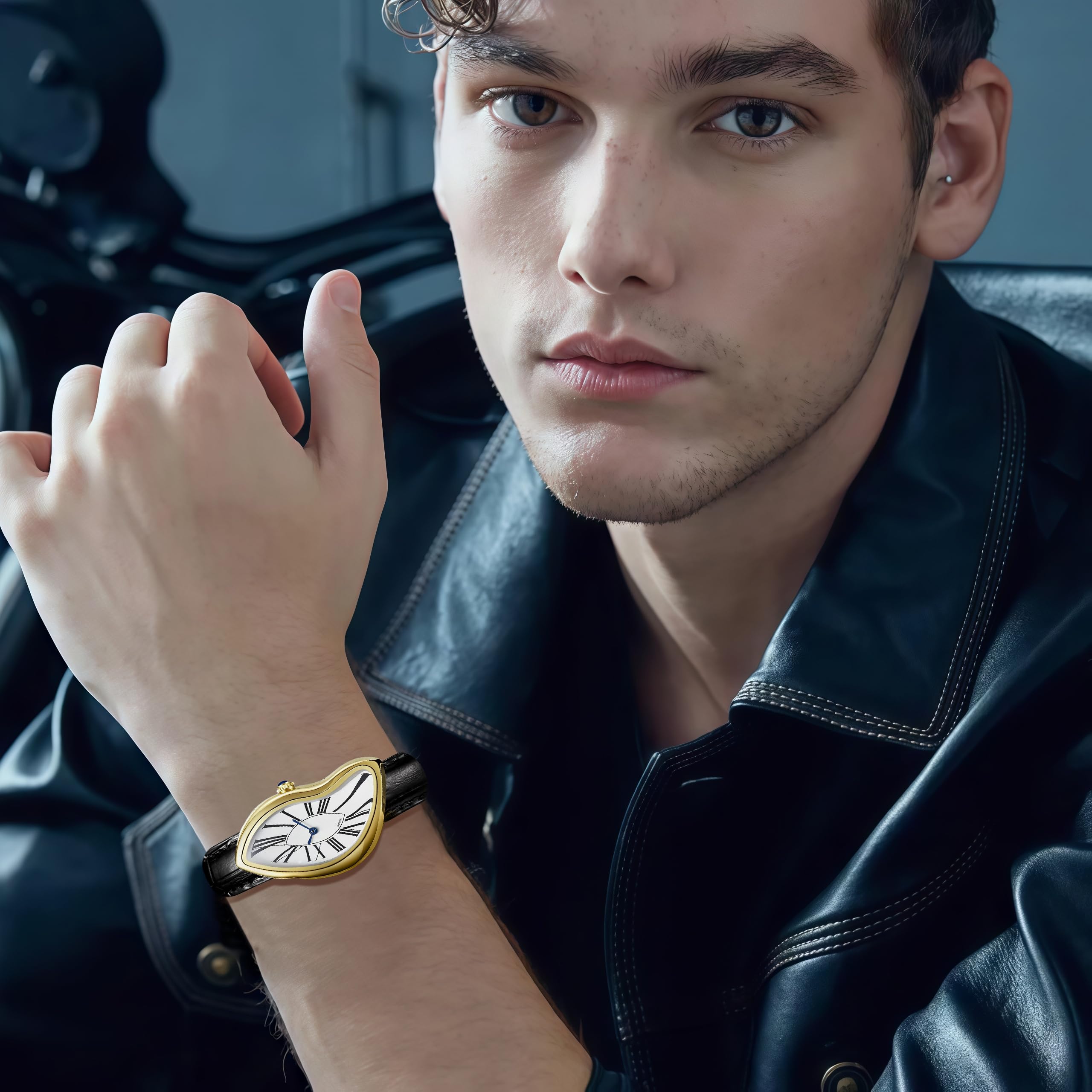 Gosasa Creative Melting Luxury Men's Watch Stylish Analog Quartz Wristwatch with Genuine Leather Strap, Roman Numeral Dial, Waterproof, Business Casual Dress Watch (Gold)