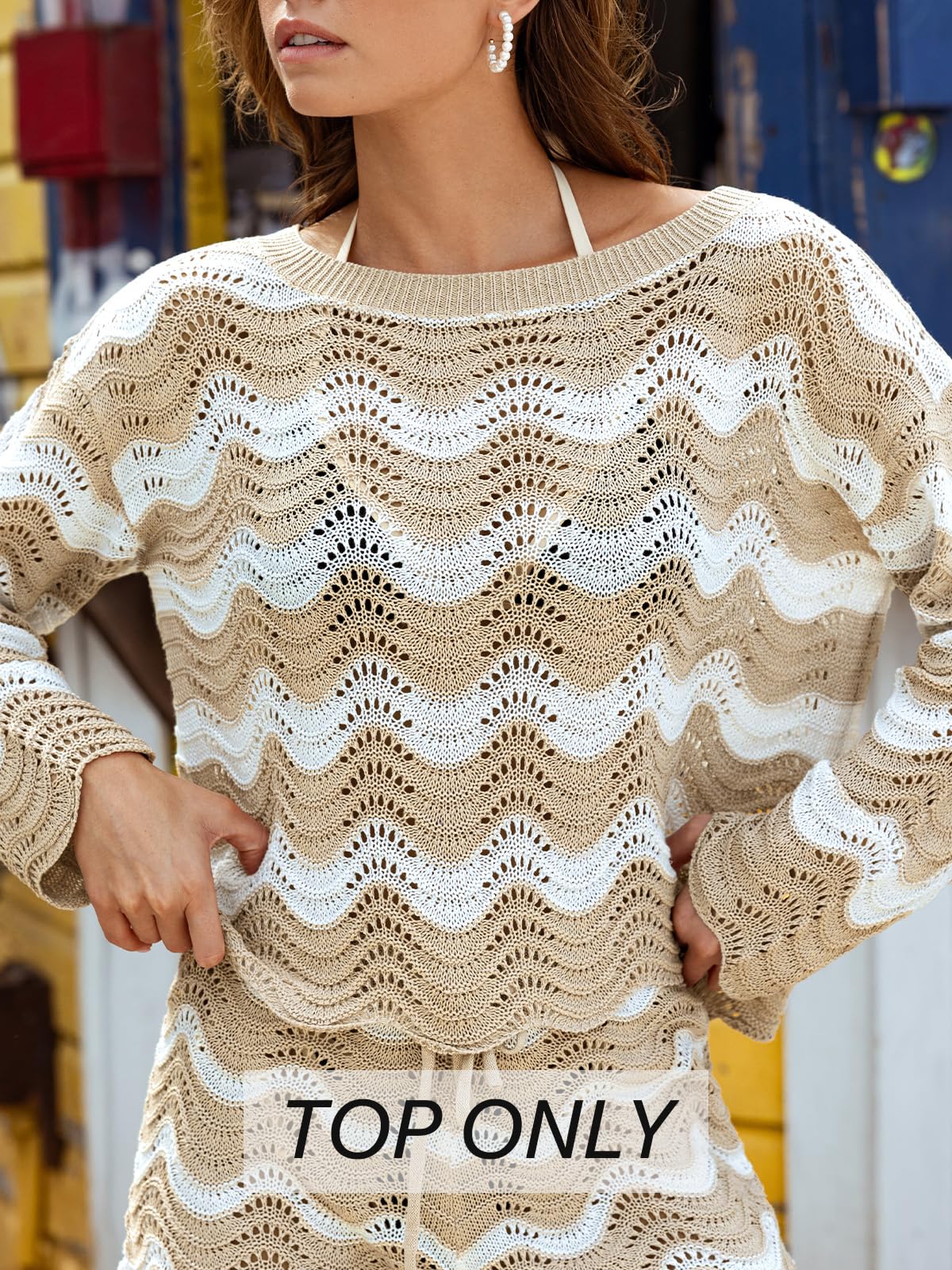 CUPSHE Women's Crochet Cover Up Long Sleeve Striped Beach Cover Up Top Summer Casual Knit Tops for Swimwear(Top Only) Neutral Stripes, M