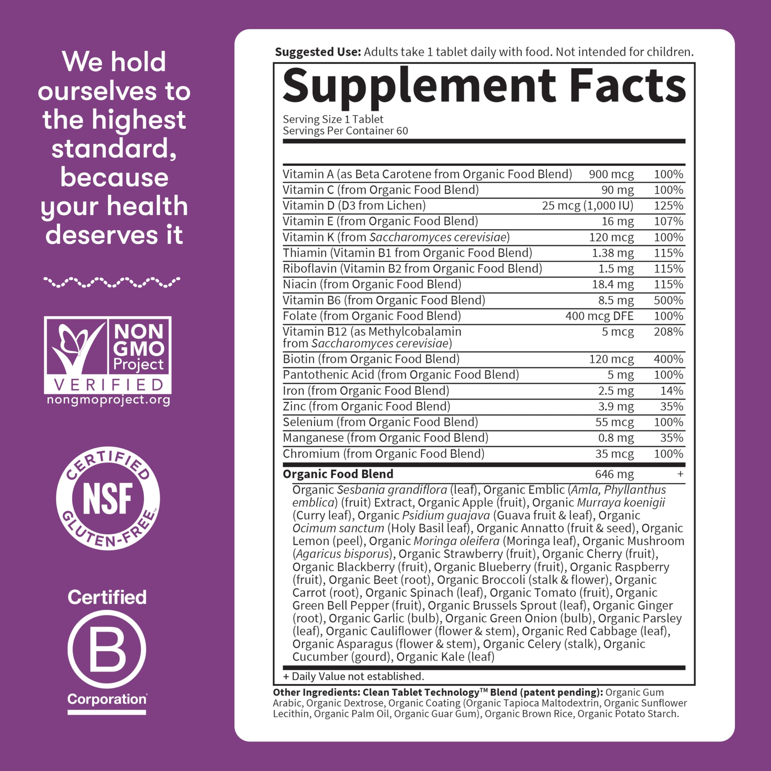 Garden of Life Organics Multivitamin for Women - Women's Once Daily Multi - Whole Food Multi with Iron, Biotin, Vegan Organic Womens Multivitamin for Health, Energy Hair Skin and Nails, 60 Tablets