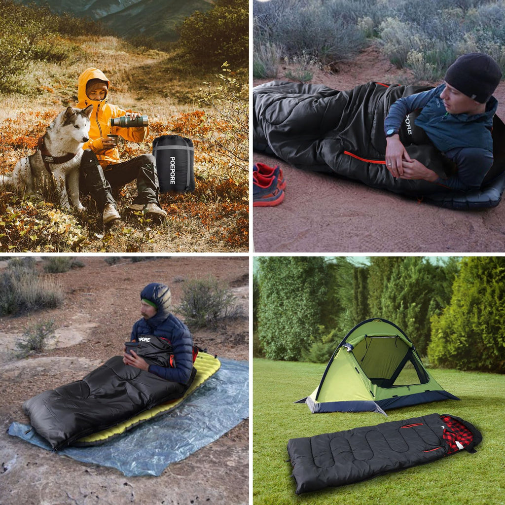 POEPORE Flannel Sleeping Bag Lightweight Warm Weather 3-4 Seasons for Adults XL Wearable Sleeping Bag Waterproof with Compression Sack Black/Red