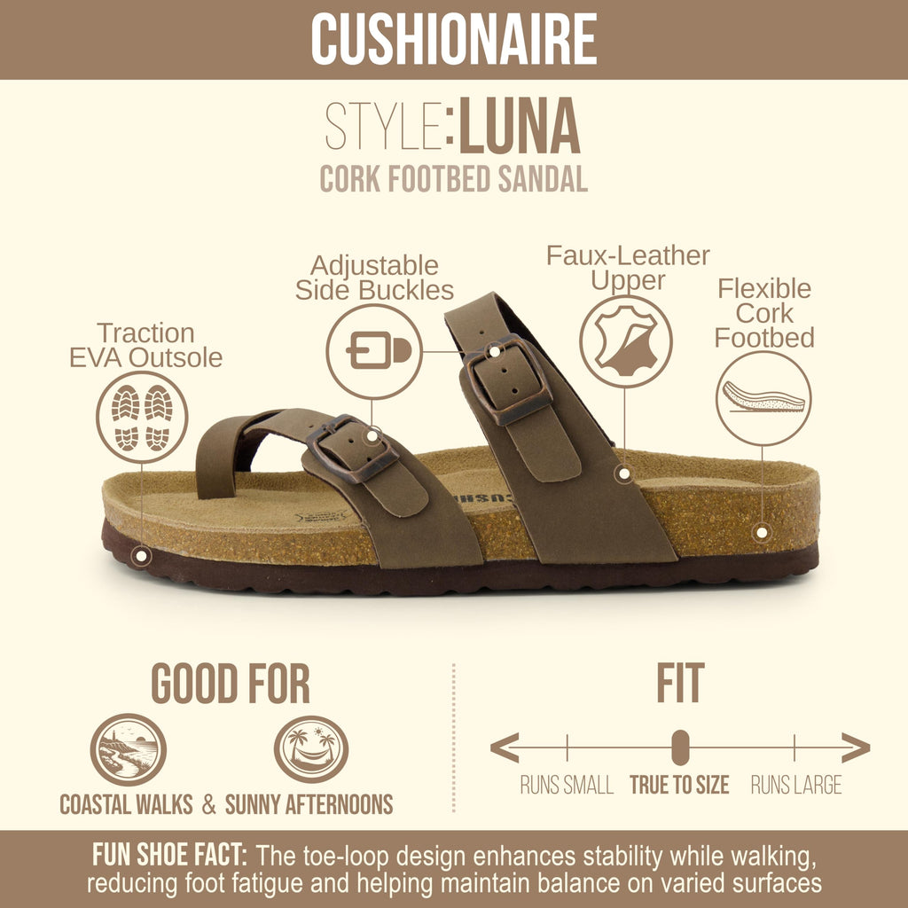CUSHIONAIRE Luna Sandals for Women, Cork Footbed Womens Sandals for Summer Comfort with Adjustable Straps, Wide Width Available, BROWN 7.5