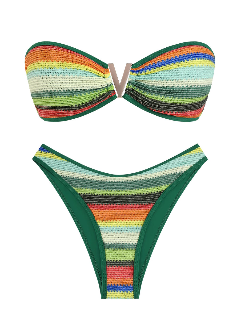 ZAFUL Women's Bandeau Bikini V Strapless Confetti Colorblock Tie Back High Cut Two Piece Swimsuit Bathing Suits (1-Dark Green, M)