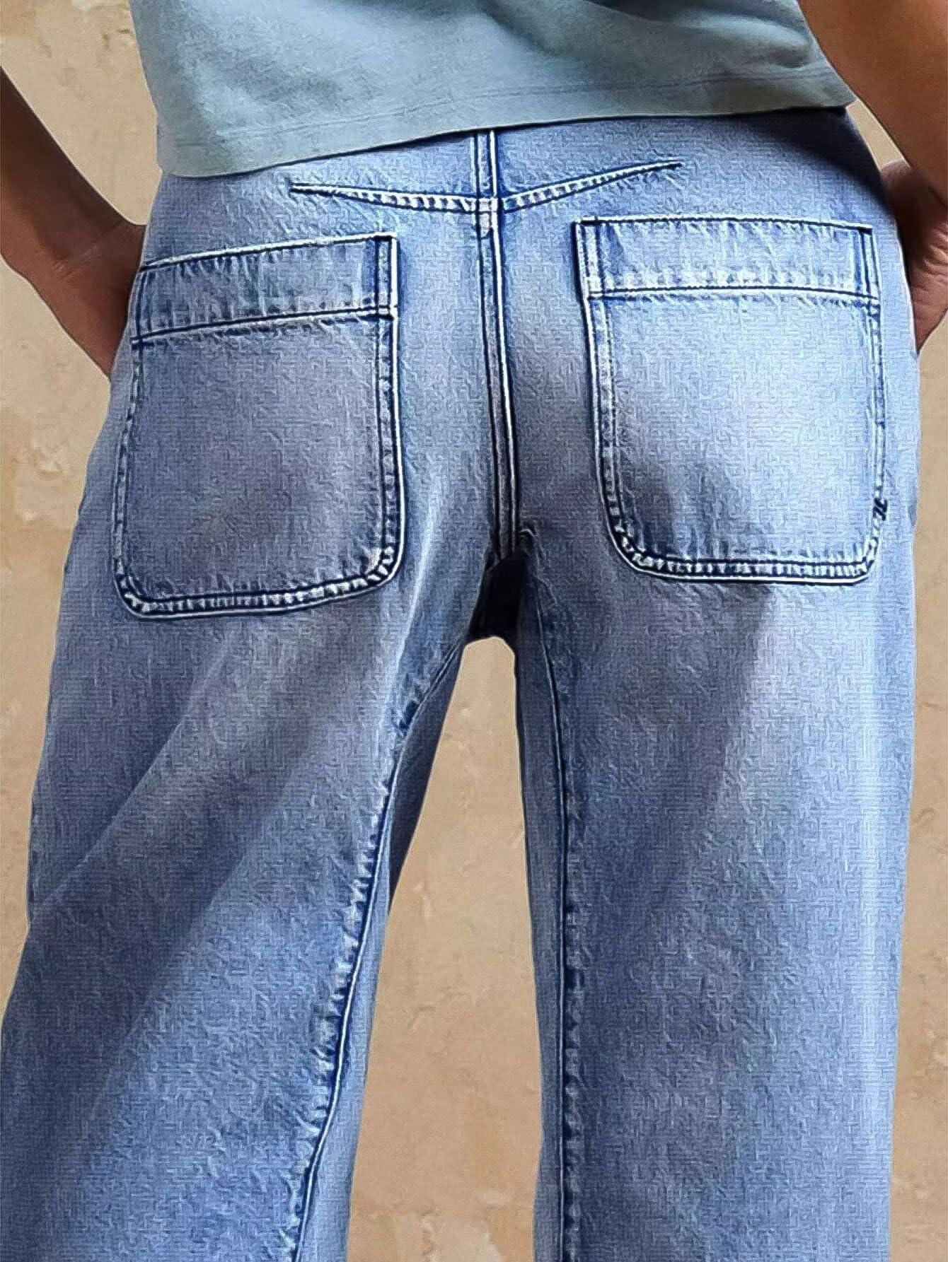 Flamingals Straight Leg Jeans for Women Mid Rise Barrel Cropped Casual Wash Stitch Detail Denim Jeans Without Belt Light Blue L