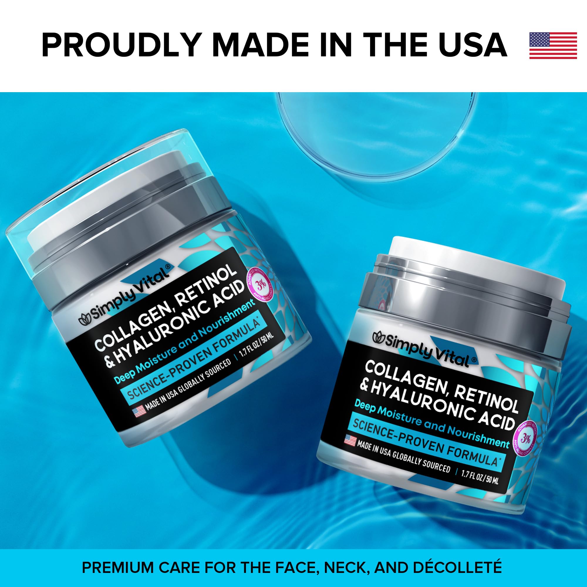 Anti-Aging Face Moisturizer with Retinol, Collagen & Hyaluronic Acid - Made in USA - Moisturizer Face Cream for Women & Men - Firming & Hydrating Neck Cream - Day & Night Skin Care - 1.7 fl oz