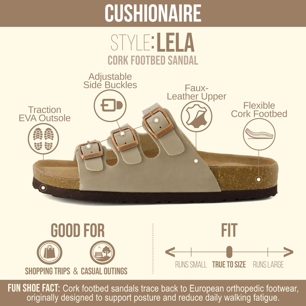 CUSHIONAIRE Lela Slip On Womens Sandals with Vegan Adjustable Straps & Genuine Suede Cork Footbed - Comfortable Memory Foam Sandals for Women 2025, STONE 12W