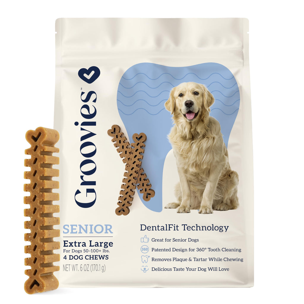 Groovies Gentle & Flexible Senior Dog Dental Chews, Contact-Cleaning Design Supporting Tartar Control & Fresh Breath, Oral Care Treats, USA Manufactured, Patented DentalFit Tech, XLarge Dogs, 4 Chews