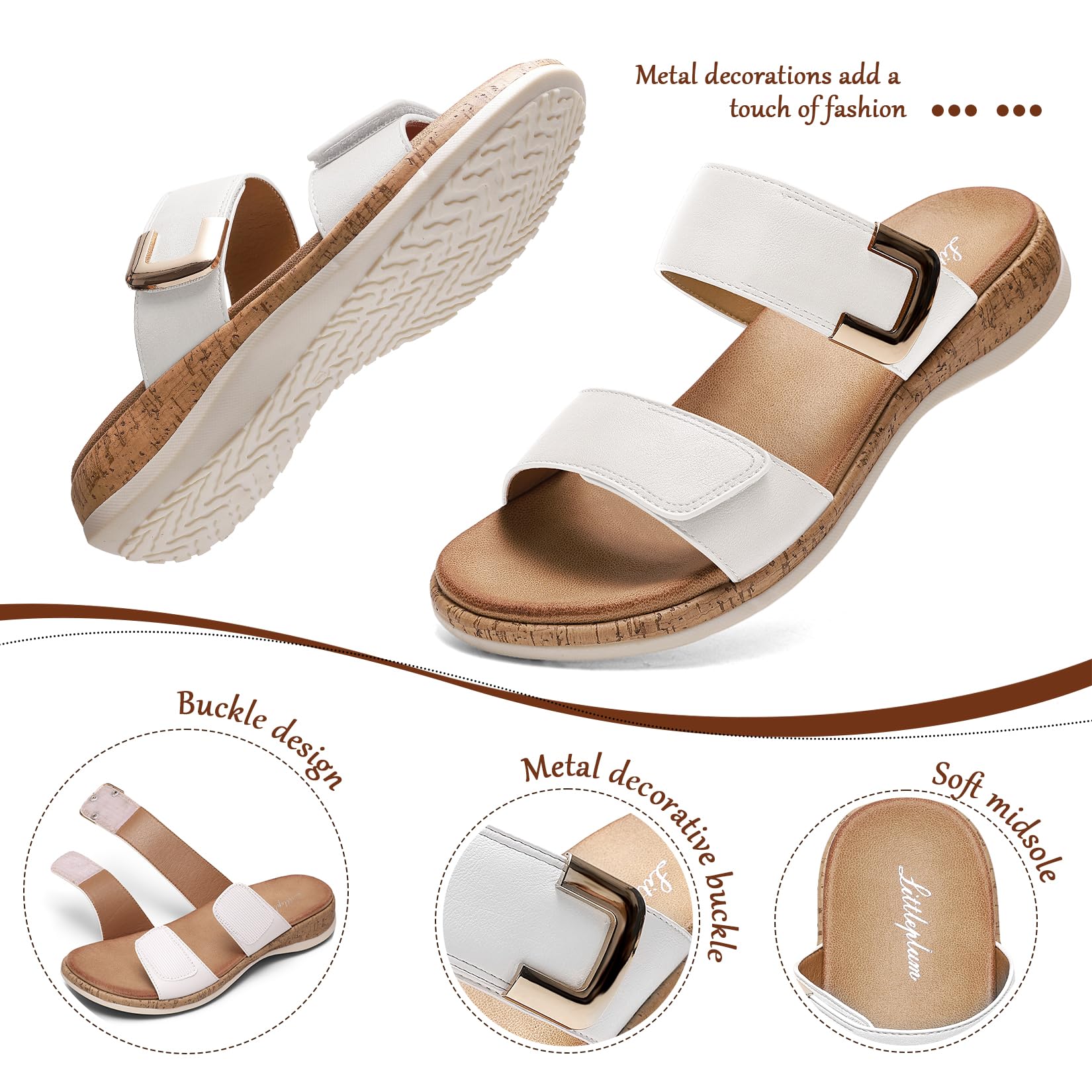 Littleplum Women Slides Sandals Arch Support Open Toe Slip on Sandals Soft Cushion Slippers Comfy Casual Summer Shoes for Walking Beach Travel Retro White Size 9