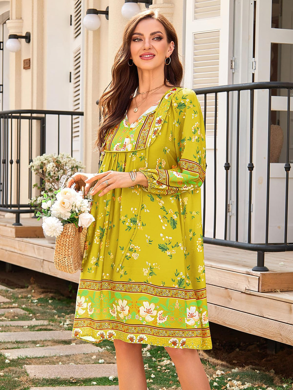 Qearal Summer Dresses for Women 2026 Vacation, 3/4 Sleeve Loose Tunic Dress Boho Beach Sun Dress Knee Length Light Yellow XL