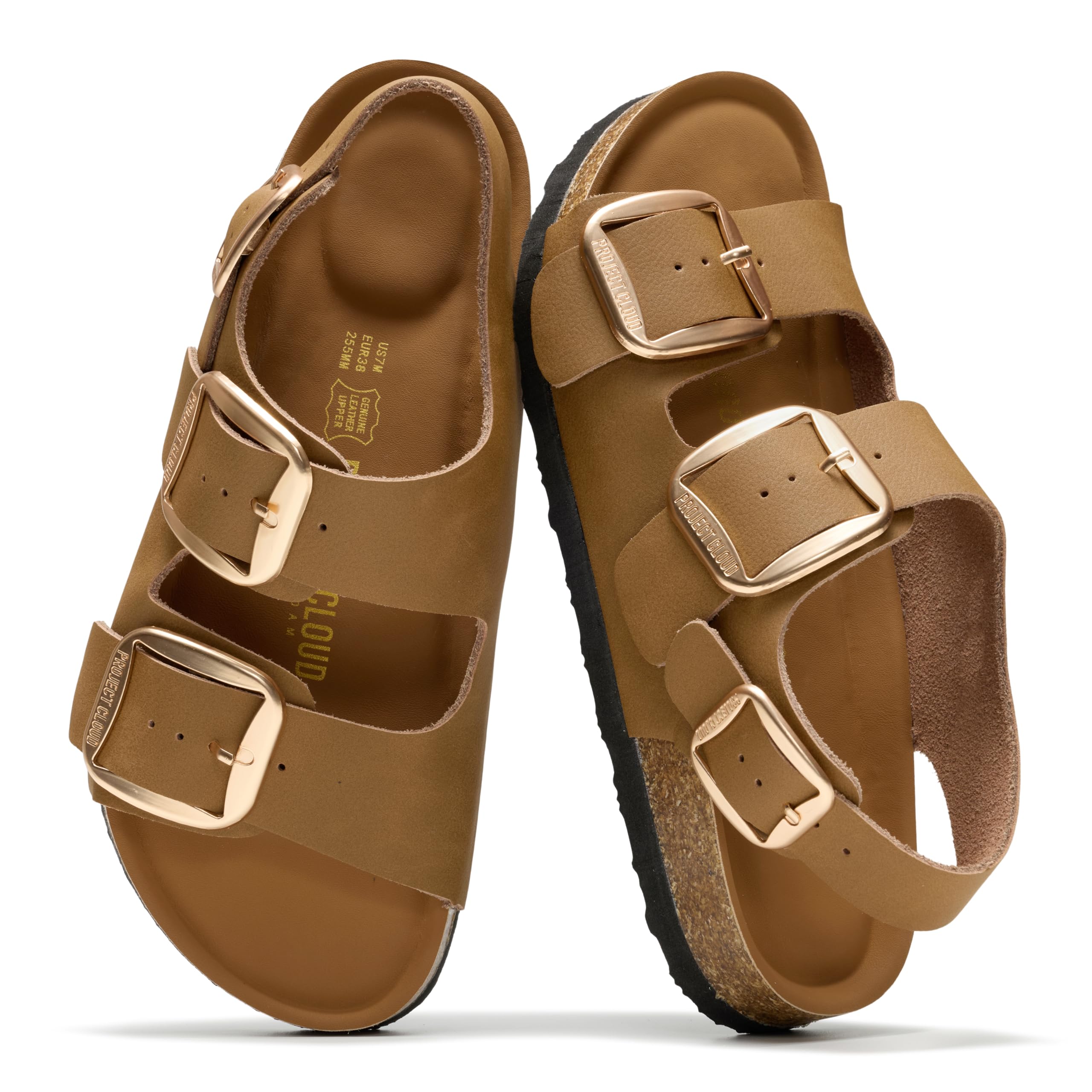 Project Cloud 100% Genuine Leather Beach Sandals for Women 2026 with Lightweight & Comfortable Slides for Women - Non Slip with Memory Foam Slingback Womens Sandals 2026 (Garda, Tan Rosegold,10M)