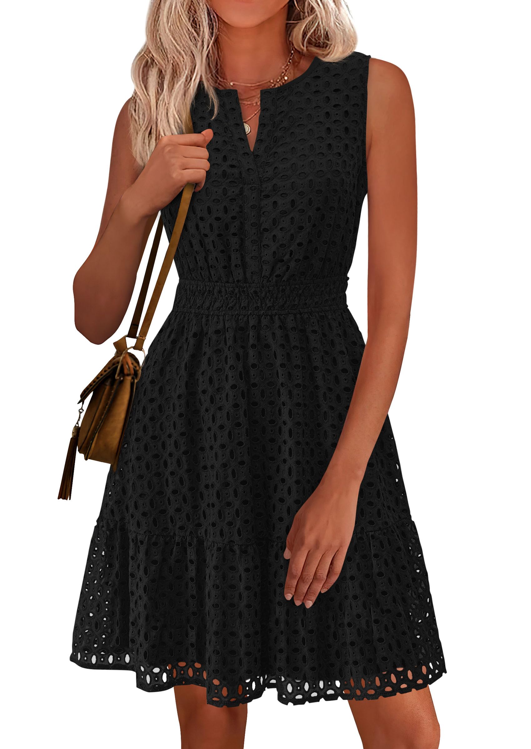 PRETTYGARDEN Women's Summer Dresses 2026 Sleeveless V Neck Eyelet Hollow Out Swing A Line Beach Vacation Sun Dress (Black,Small)