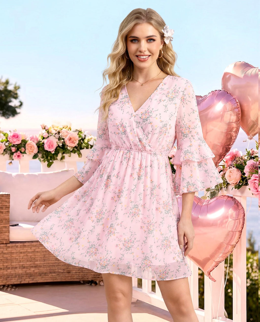 Bebonnie Pink Wedding Guest Dress: Curvy Women Spring Summer 3/4 Sleeve Flowy Engagement Birthday Wedding Guest Dress Garden Party Bridesmaid Date Night A Line Short Boho Maxi Dresses Multi Pink XXL