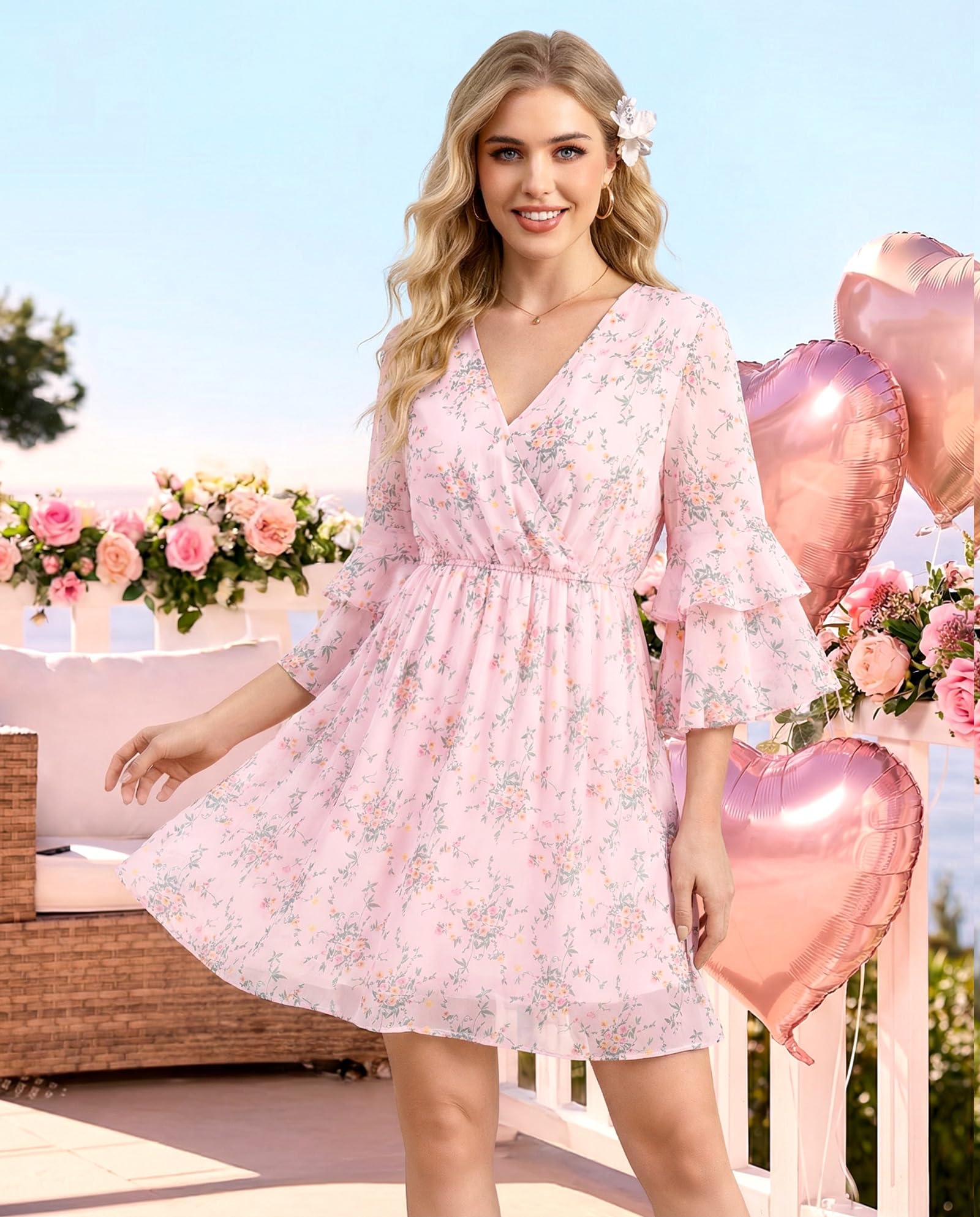 Bebonnie Pink Wedding Guest Dress: Curvy Women Spring Summer 3/4 Sleeve Flowy Engagement Birthday Wedding Guest Dress Garden Party Bridesmaid Date Night A Line Short Boho Maxi Dresses Multi Pink XXL