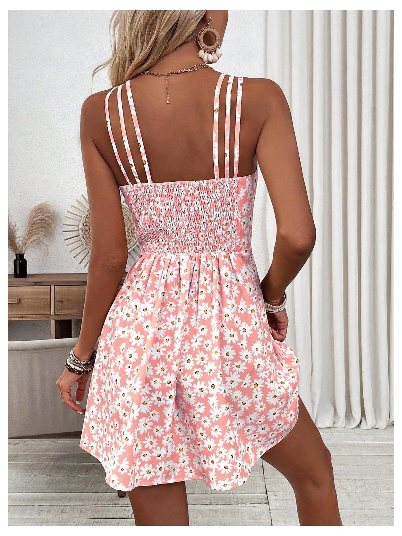SOLY HUX Women's Floral Print Cami Dress Spaghetti Strap A Line Flowy Summer Mini Dresses Sundress Pink Floral Medium