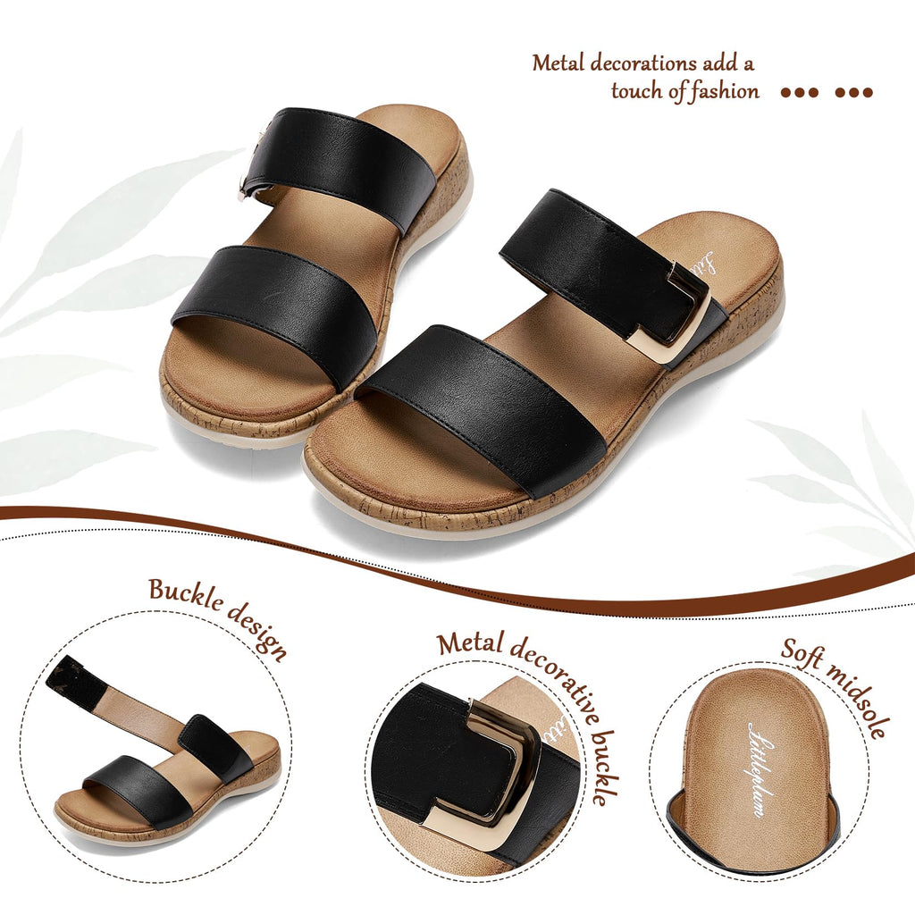Littleplum Women Slides Sandals Arch Support Open Toe Slip on Sandals Soft Cushion Slippers Comfy Casual Summer Shoes for Walking Beach Travel Black Size 9