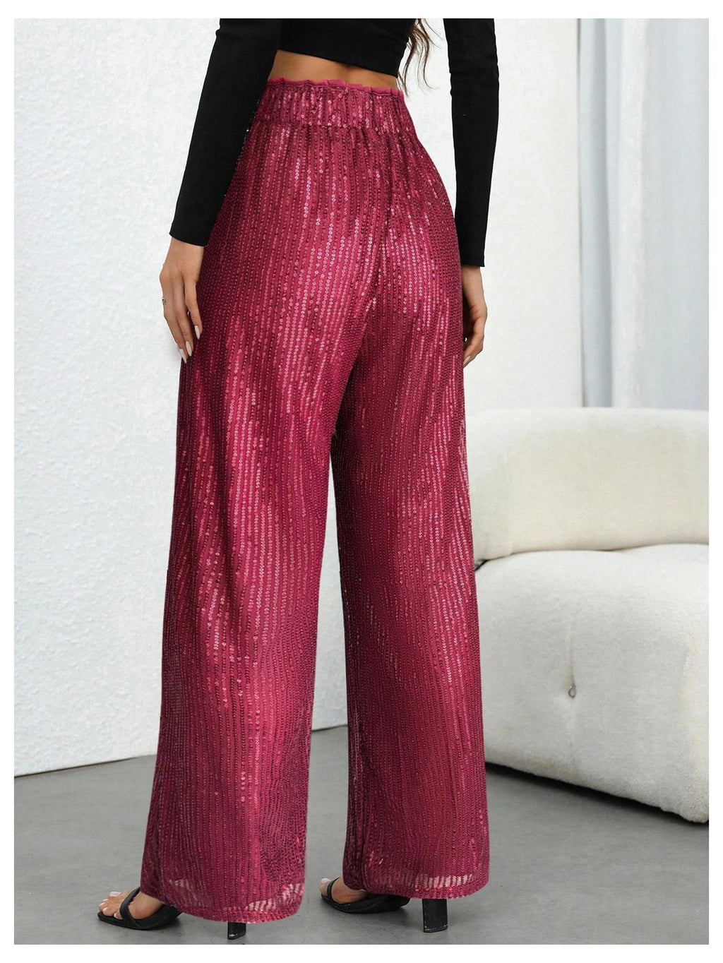 WDIRARA Women's Sequin Sparkle Pants Elastic Waist Wide Leg Party Club Trousers Burgundy Small