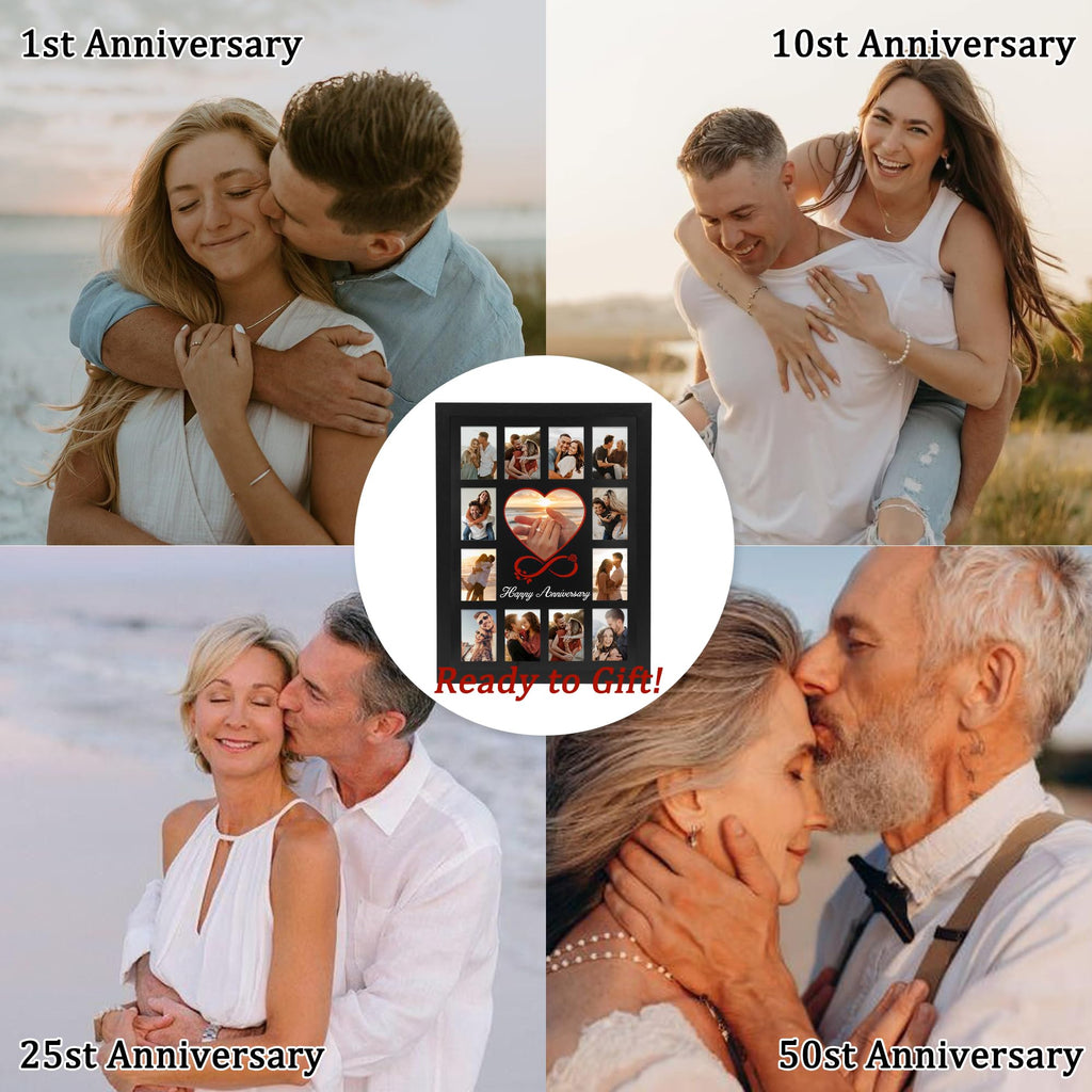 FramePro 12x16 Heart Anniversary Collage Picture Frame, DIY Names Custom Multi Photo Frame Holds 13 Photos, Anniversary Decorations Gifts for Couples Husband Wife, 1st Year Wedding & Valentine’s Day Gift Ideas (Black)