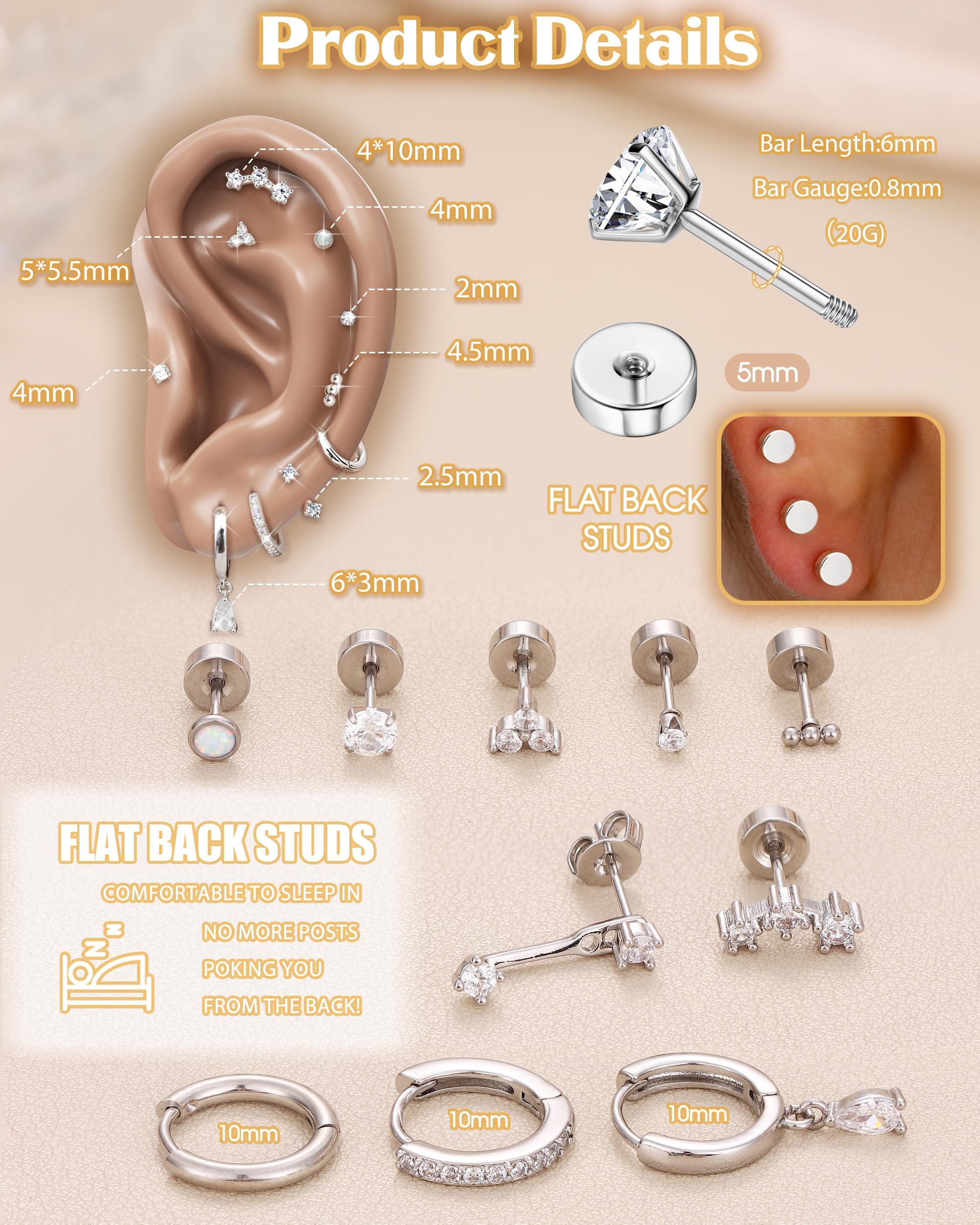 MILACOLATO Hypoallergenic Flatback Stud Earrings for Women, 14K Gold Plated & 20G Surgical Stainless Steel Cartilage Earring Stacks Sets for Multiple Piercing, Trendy Small Hoop Earrings, Silver