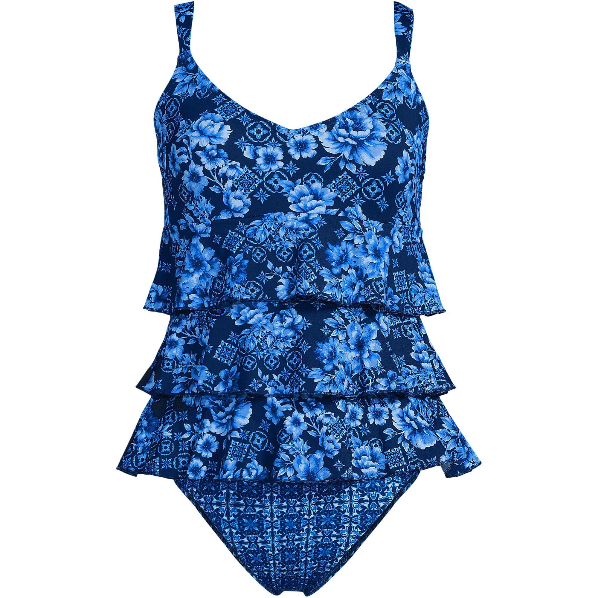 Lands' End Women's Ruffle Fauxkini One Piece Swimsuit 2 Navy Mosaic Floral/Tile Mix