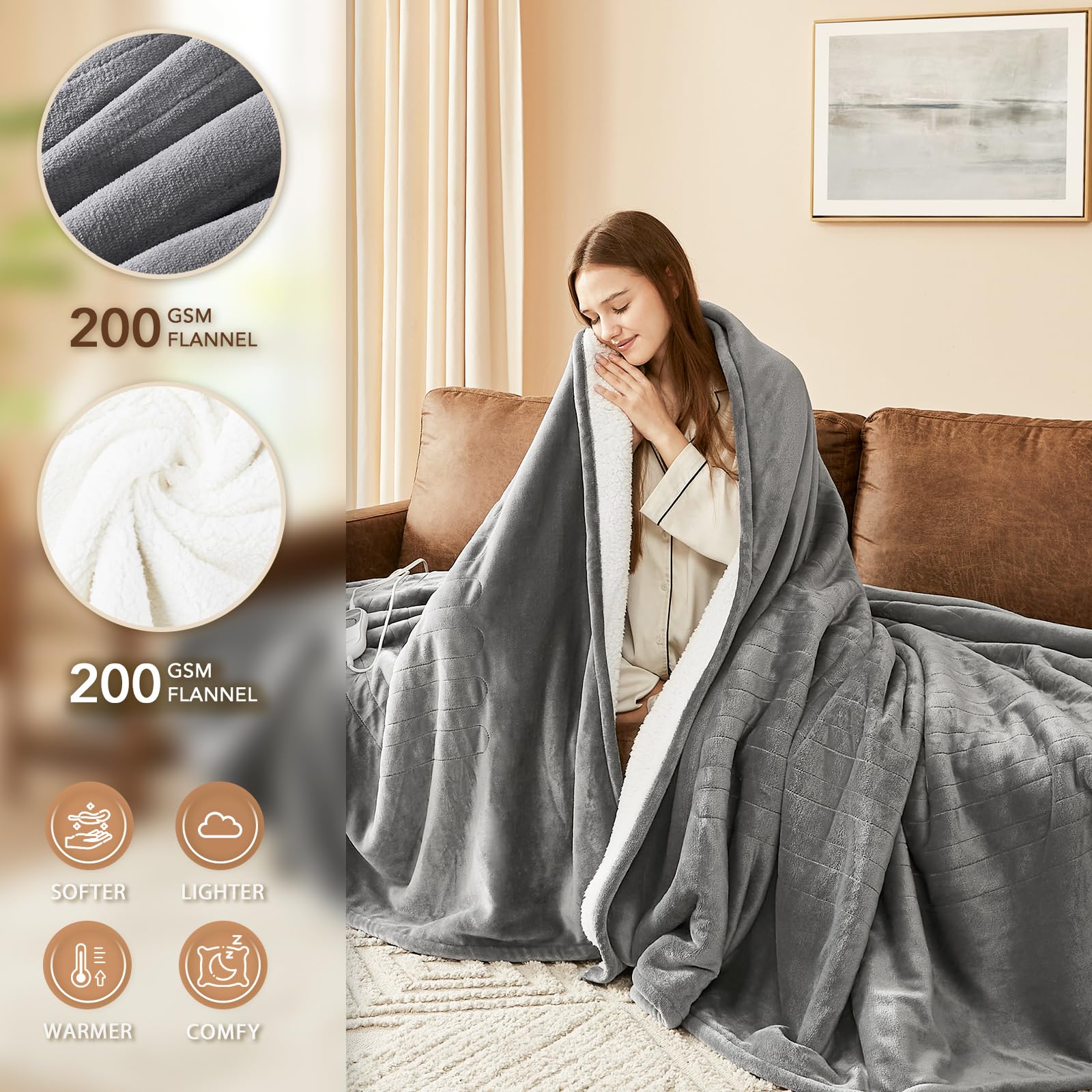 Homemate Heated Electric Blanket Queen Size - 84"x90" Heating Bed Blanket Throw with 10 Heating Levels 8 Hours Auto Off Fast Heating Over-Heat Protection Ultra Soft Flannel ETL Certified, Grey