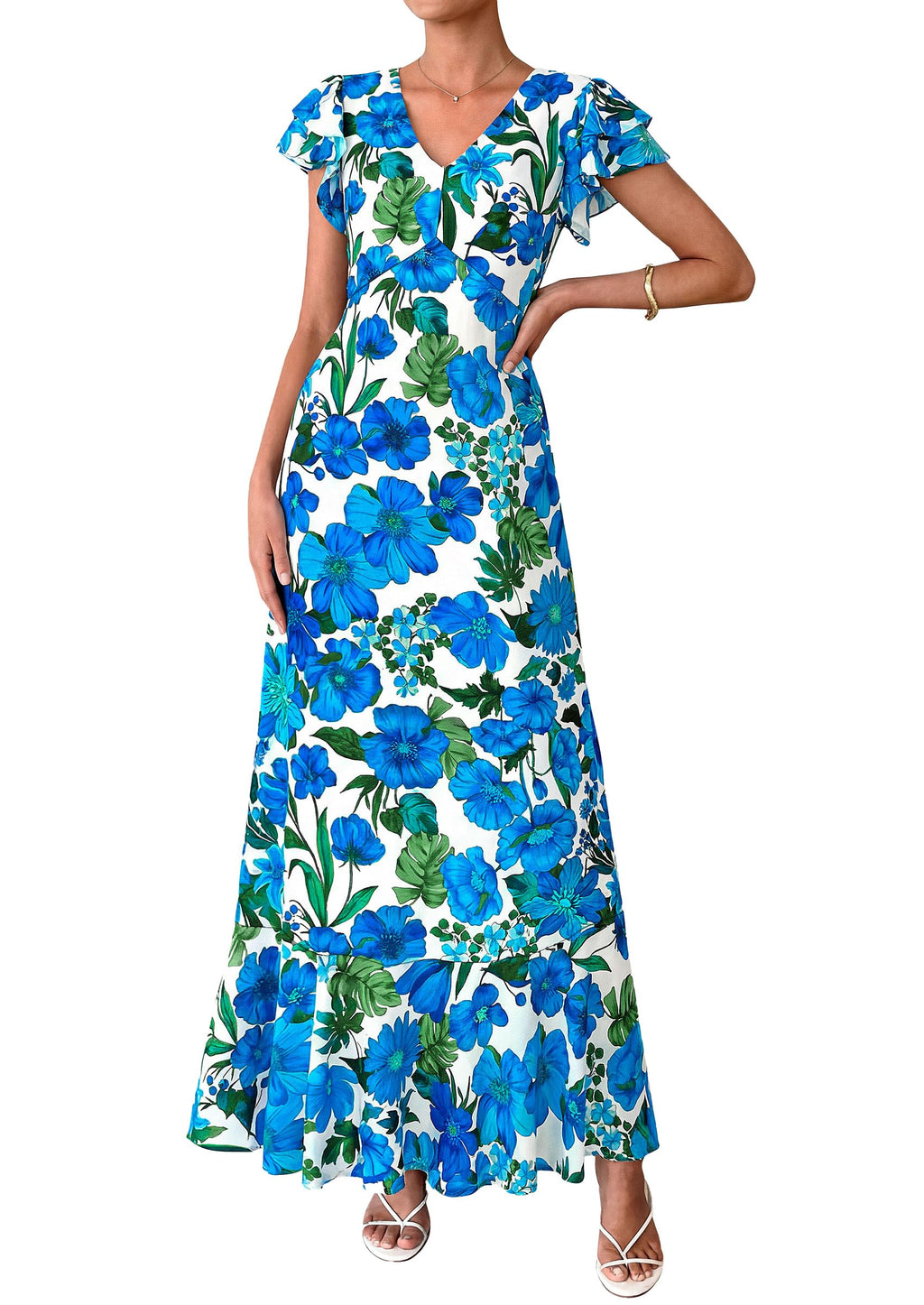 PRETTYGARDEN Spring Dresses for Women 2026 Summer Boho Floral Ruffle Short Sleeve Flowy Beach Wedding Guest Maxi Long Dress(Floral Blue,Large)