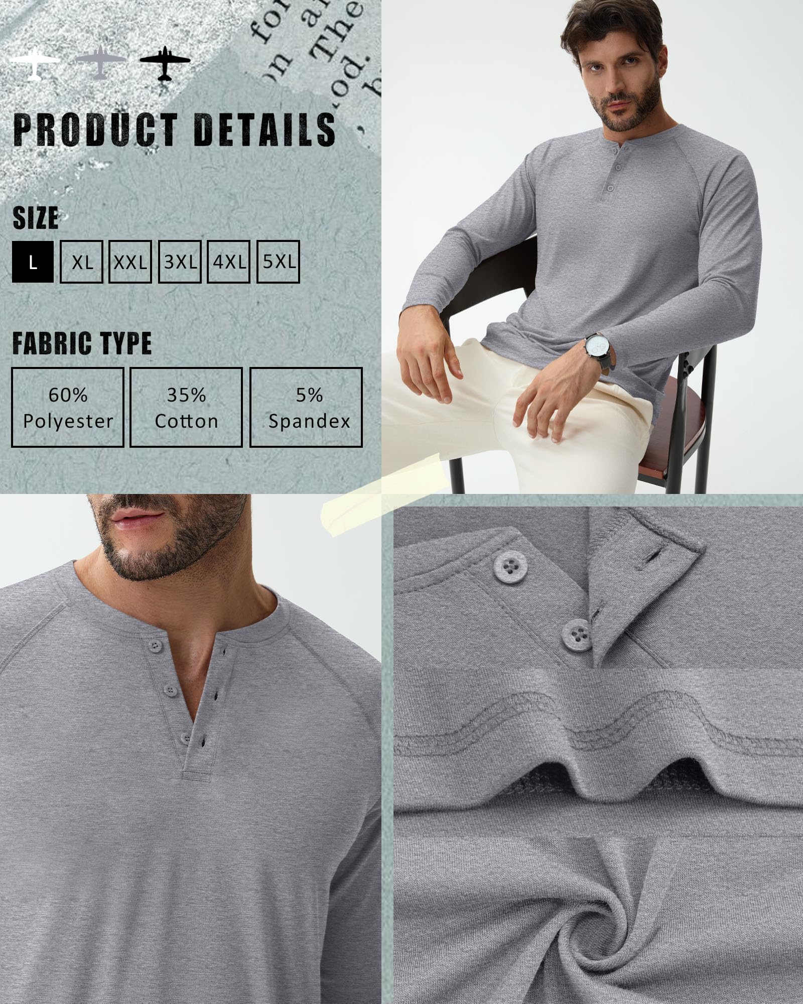 Riyiper 3 Pack Men's Big and Tall Henley Shirts Long Sleeve L-5XL Raglan Loose Casual Stretchy Tops Fall Basic Tee(Black, Gray, White,4X-Large)