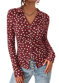 PRETTYGARDEN Women Button Down Floral Shirts 2026 Fall Trendy Long Sleeve V Neck Mesh Boho Blouse Spring Tops Date Outfits (01 Dot Burgundy White,Large)